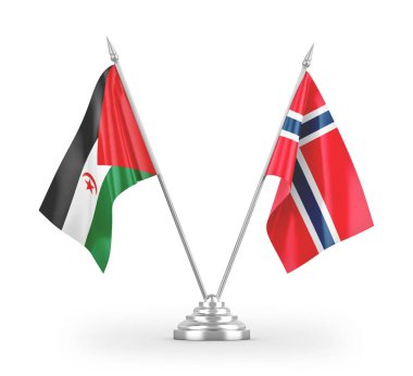 Norveç ve Batı Sahra masa bayrakları beyaz zemin üzerinde izole edilmiş 3D görüntüleme