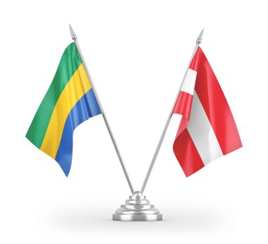 Avusturya ve Gabon masa bayrakları beyaz arkaplanda izole edilmiş 3D görüntüleme