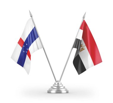 Mısır ve Hollanda Antilleri masa bayrakları beyaz zemin üzerinde izole edilmiş 3D görüntüleme