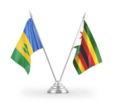 Zimbabwe ve Saint Vincent ve Grenadine masa bayrakları beyaz arka planda izole edilmiş 3D