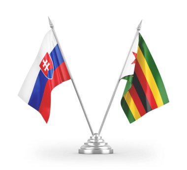 Zimbabwe ve Slovakya masa bayrakları beyaz arkaplanda izole edilmiş 3d görüntüleme