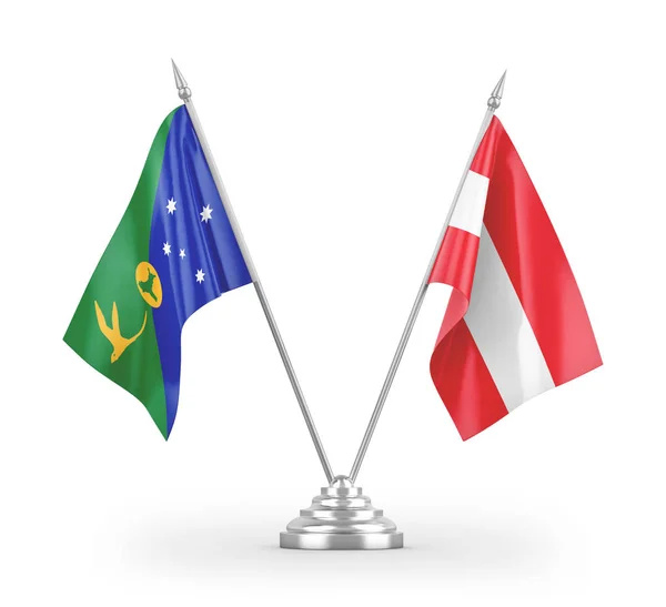 Bandeiras Mesa Áustria Ilha Natal Isoladas Fundo Branco Renderização — Fotografia de Stock