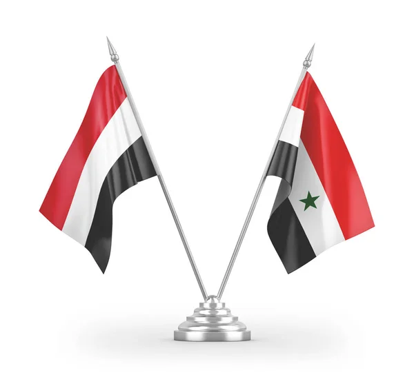 在白色背景3D渲染中隔离的叙利亚和也门桌旗 — 图库照片