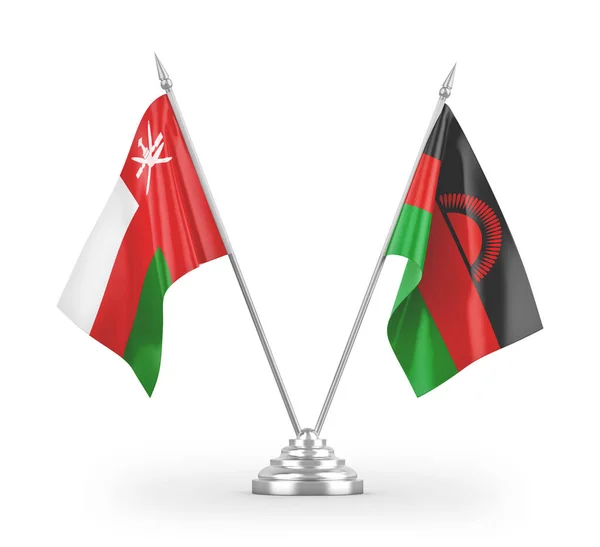 Banderas Mesa Malawi Omán Aisladas Sobre Fondo Blanco — Foto de Stock