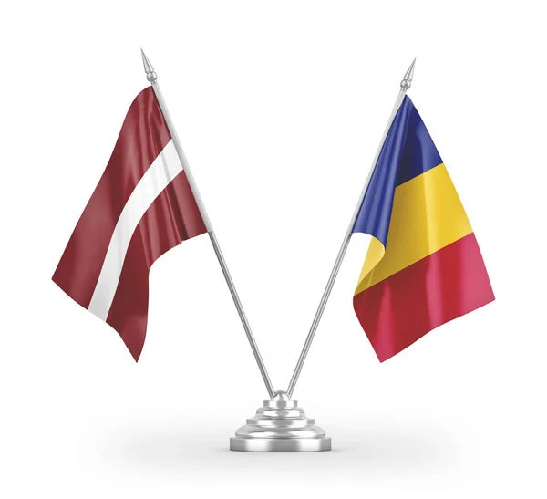 Rumunsko Lotyšsko Tabulky Vlajky Izolované Bílém Pozadí Vykreslování — Stock fotografie