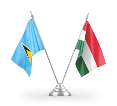 Macaristan ve Saint Lucia masa bayrakları beyaz zemin üzerinde izole edilmiş 3D görüntüleme