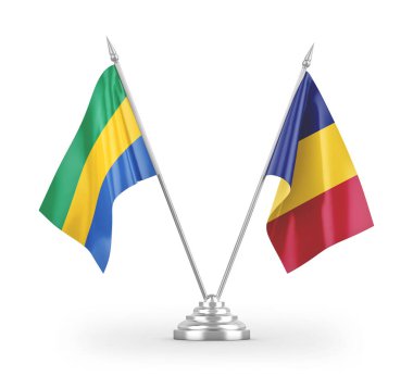 Romanya ve Gabon masa bayrakları beyaz arka planda izole edilmiş 3D görüntüleme