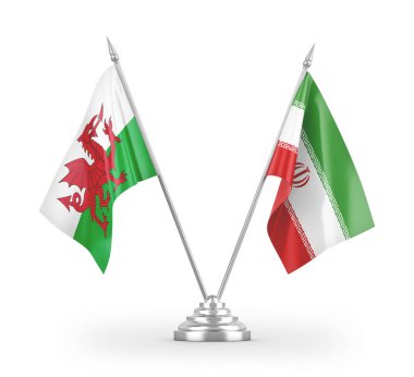 İran ve Galler masa bayrakları beyaz arka planda izole edilmiş 3D görüntüleme
