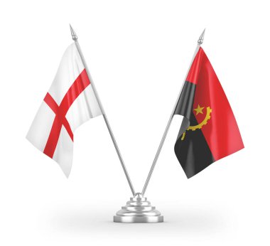 Angola ve İngiltere masa bayrakları beyaz arkaplanda izole edilmiş 3D görüntüleme