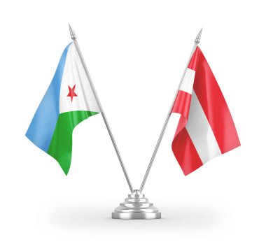 Avusturya ve Cibuti masa bayrakları beyaz zemin üzerinde izole edilmiş 3D görüntüleme