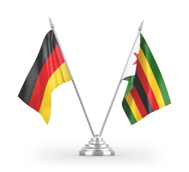 Zimbabwe ve Almanya masa bayrakları beyaz arkaplanda izole edilmiş 3D görüntüleme