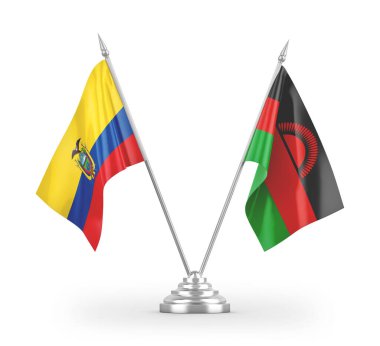 Beyaz arkaplanda izole edilmiş Malawi ve Ekvador masa bayrakları 3d görüntüleme
