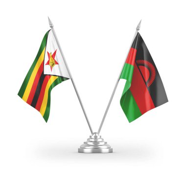 Beyaz zemin üzerinde izole edilmiş Malawi ve Zimbabwe masa bayrakları 3D görüntüleme