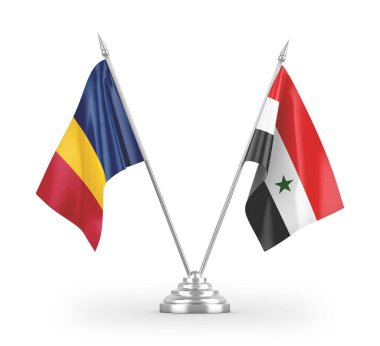 Suriye ve Çad masa bayrakları beyaz arkaplanda izole edilmiş 3D görüntüleme 