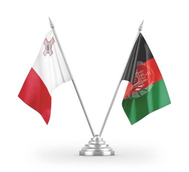 Afganistan ve Malta masa bayrakları beyaz arka planda izole edilmiş 3D görüntüleme 