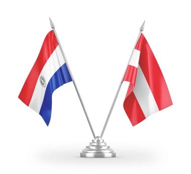 Avusturya ve Paraguay masa bayrakları beyaz arkaplanda izole edilmiş 3D görüntüleme