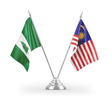 Malezya ve Norfolk Adaları masa bayrakları beyaz arka planda izole edilmiş 3D görüntüleme