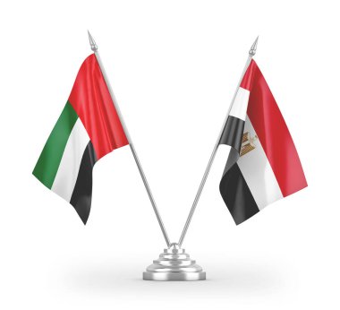 Mısır ve Birleşik Arap Emirlikleri masa bayrakları beyaz zemin üzerinde izole edilmiş 3D görüntüleme