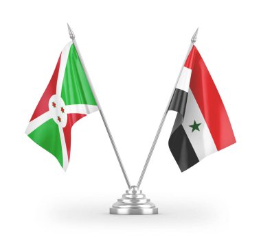 Suriye ve Burundi masa bayrakları beyaz arkaplanda izole edilmiş 3D görüntüleme 