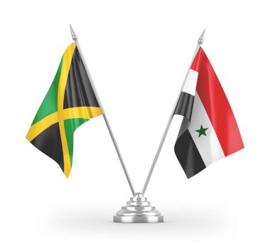 Suriye ve Jamaika masa bayrakları beyaz arkaplandaki 3D görüntüleme