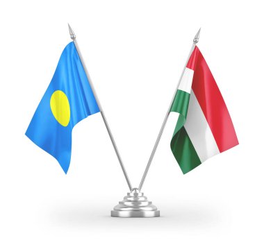 Macaristan ve Palau masa bayrakları beyaz arkaplanda izole edilmiş 3D görüntüleme