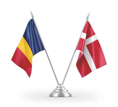 Danimarka ve Çad masa bayrakları beyaz arkaplan 3D görüntüleme üzerinde izole  