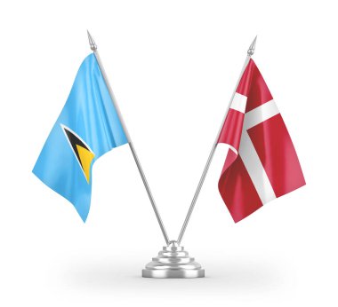 Danimarka ve Saint Lucia masa bayrakları beyaz zemin üzerinde izole edilmiş 3D görüntüleme 