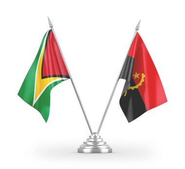 Angola ve Guyana masa bayrakları beyaz arkaplanda izole edilmiş 3D görüntüleme