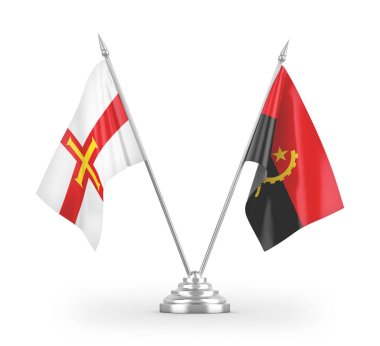 Angola ve Guernsey masa bayrakları beyaz arkaplanda izole edilmiş 3D görüntüleme