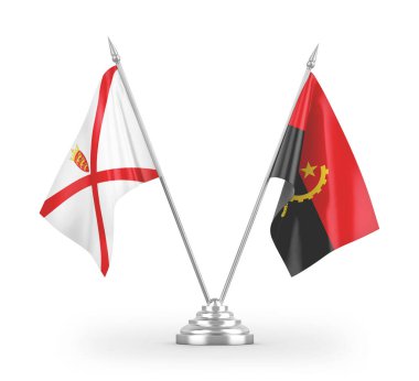 Angola ve Jersey masa bayrakları beyaz arka planda izole edilmiş 3D görüntüleme