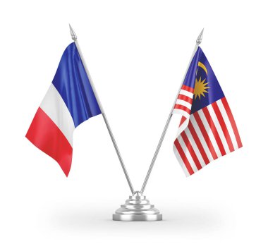 Beyaz arkaplanda izole edilmiş Malezya ve Fransa bayrakları 3D görüntüleme