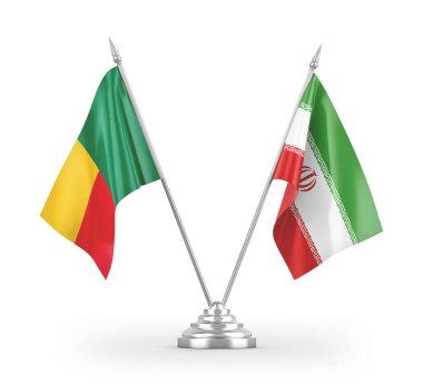 İran ve Benin masa bayrakları beyaz arka planda izole edilmiş 3D görüntüleme 
