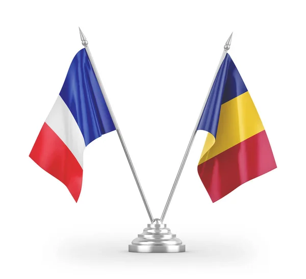 Roemenië Frankrijk Tafelvlaggen Geïsoleerd Witte Achtergrond Rendering — Stockfoto
