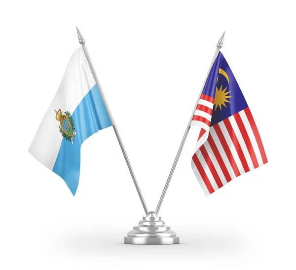 Malaysia Och San Marino Bordsflaggor Isolerade Vit Bakgrund Rendering — Stockfoto