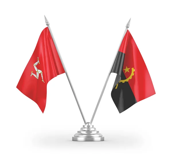 Bandeiras Mesa Angola Ilha Mann Isoladas Sobre Fundo Branco Renderização — Fotografia de Stock