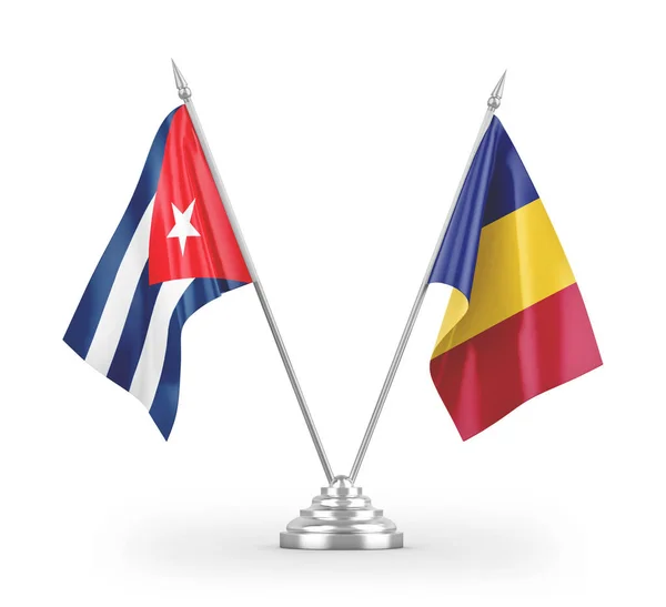 ルーマニアとキューバのテーブルフラグは 白い背景3Dレンダリングに分離 — ストック写真