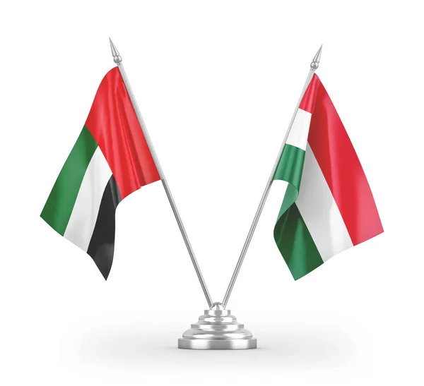 Banderas Mesa Hungría Emiratos Árabes Unidos Aisladas Sobre Fondo Blanco —  Fotos de Stock