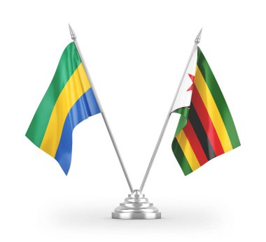 Zimbabwe ve Gabon masa bayrakları beyaz arkaplanda izole edilmiş 3D görüntüleme
