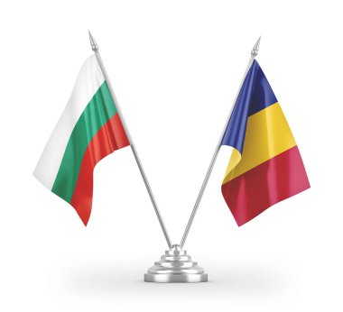 Romanya ve Bulgaristan 'ın bayrakları beyaz zemin üzerinde izole edilmiş 3D görüntüleme