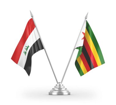 Zimbabwe ve Irak masa bayrakları beyaz arka planda izole edilmiş 3D görüntüleme