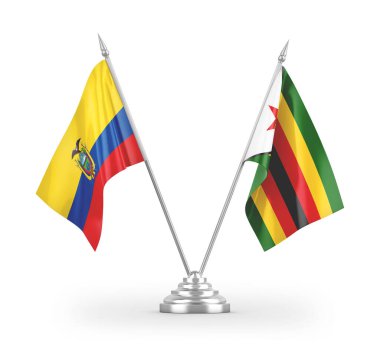 Zimbabwe ve Ekvador masa bayrakları beyaz arkaplanda izole edilmiş 3B görüntüleme