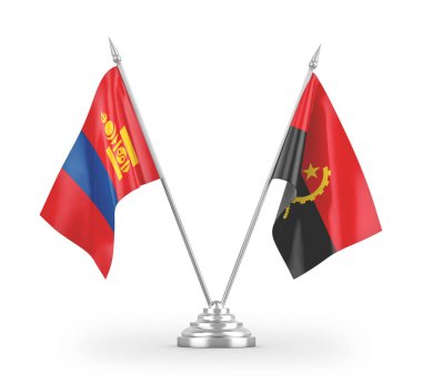 Angola ve Moğolistan masa bayrakları beyaz arkaplanda 3 boyutlu görüntüleme