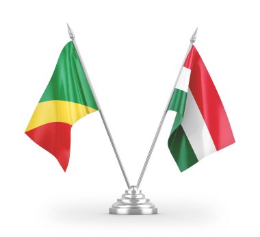 Macaristan ve Kongo masa bayrakları beyaz arkaplanda 3 boyutlu görüntüleme 