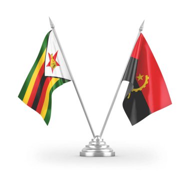 Angola ve Zimbabwe masa bayrakları beyaz arkaplanda 3 boyutlu görüntüleme