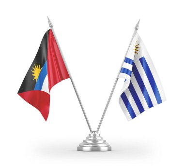 Beyaz arkaplan üzerinde izole edilmiş Uruguay, Antigua ve Barbuda masa bayrakları 