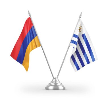 Uruguay ve Ermenistan masa bayrakları beyaz arkaplanda 3 boyutlu görüntüleme