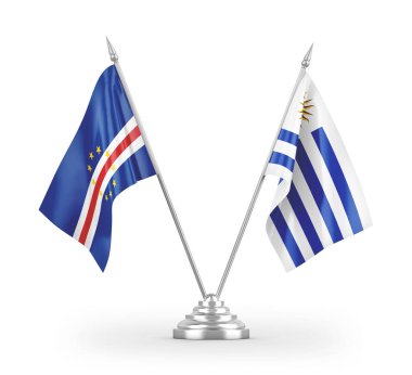 Beyaz arkaplan üzerinde izole edilmiş Uruguay ve Cape Cabo Verde masa bayrakları 3D görüntüleme 