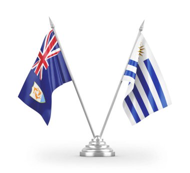 Beyaz zemin üzerinde izole edilmiş Uruguay ve Anguilla masa bayrakları 3d
