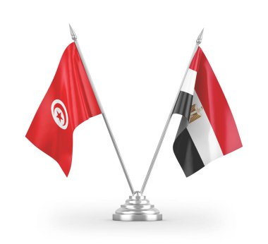 Mısır ve Tunus masa bayrakları beyaz arka planda izole edilmiş 3D görüntüleme