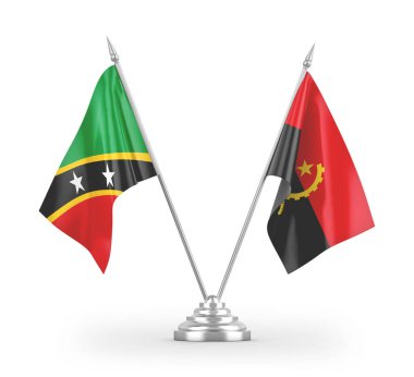 Angola, Saint Kitts ve Nevis masa bayrakları beyaz arka planda izole edilmiş 3D görüntüleme